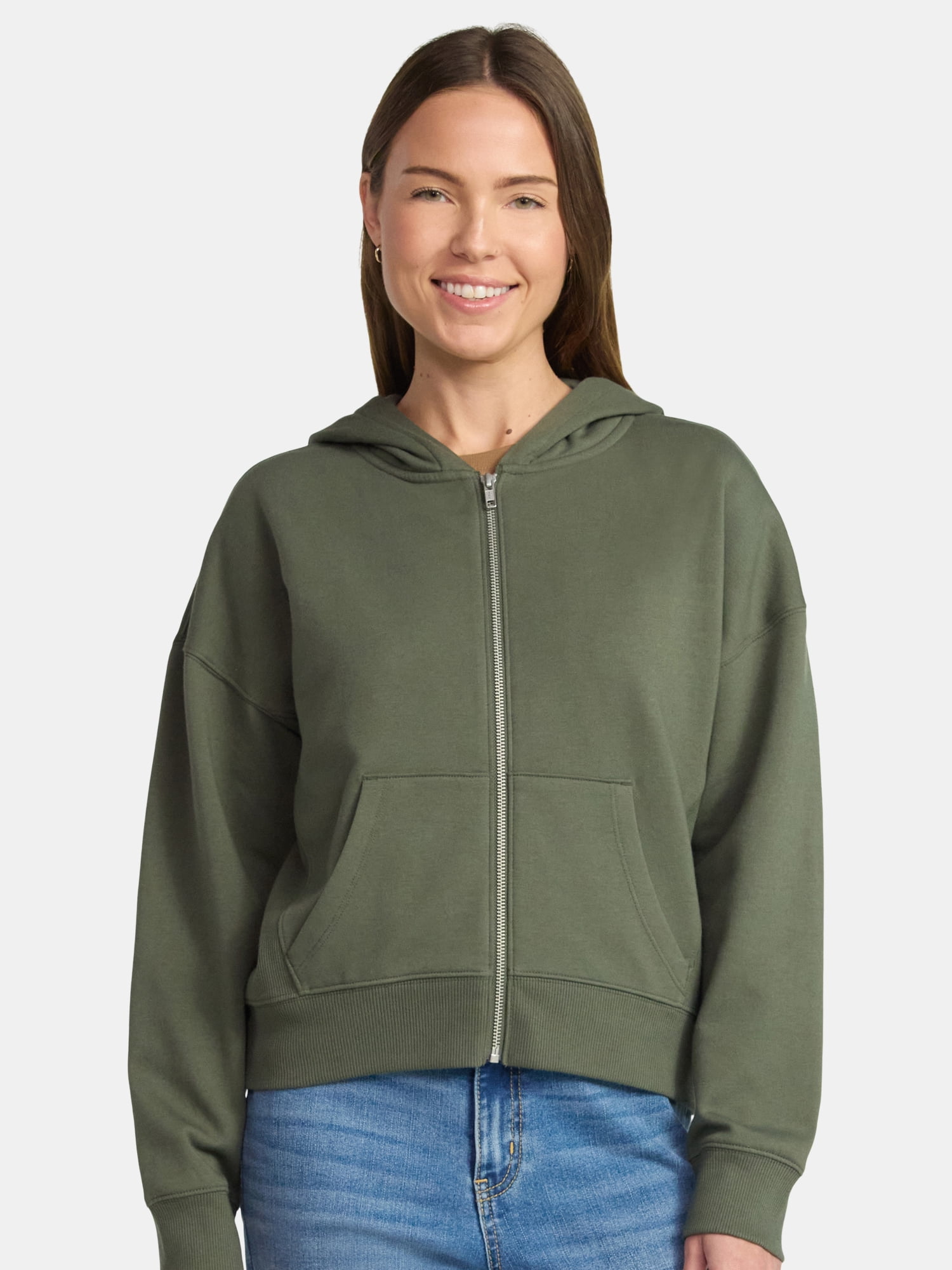 Time and Tru Women's Cropped Zip Up Fleece Hoodie, Sizes XS-XXXL