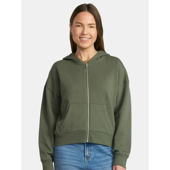 Time and Tru Women's Cropped Zip Up Fleece Hoodie, Sizes XS-XXXL