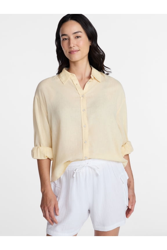 Women's Linen Blend Button Front Cropped Top with Long Sleeves, Sizes XS-XXXL