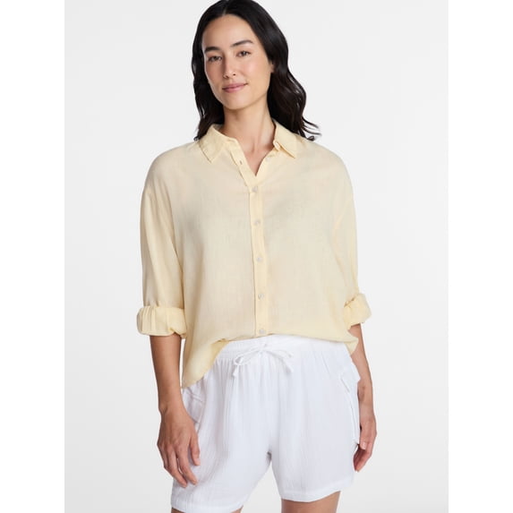 Time and Tru Women's Linen Blend Button Front Cropped Top with Long Sleeves, Sizes XS-XXXL