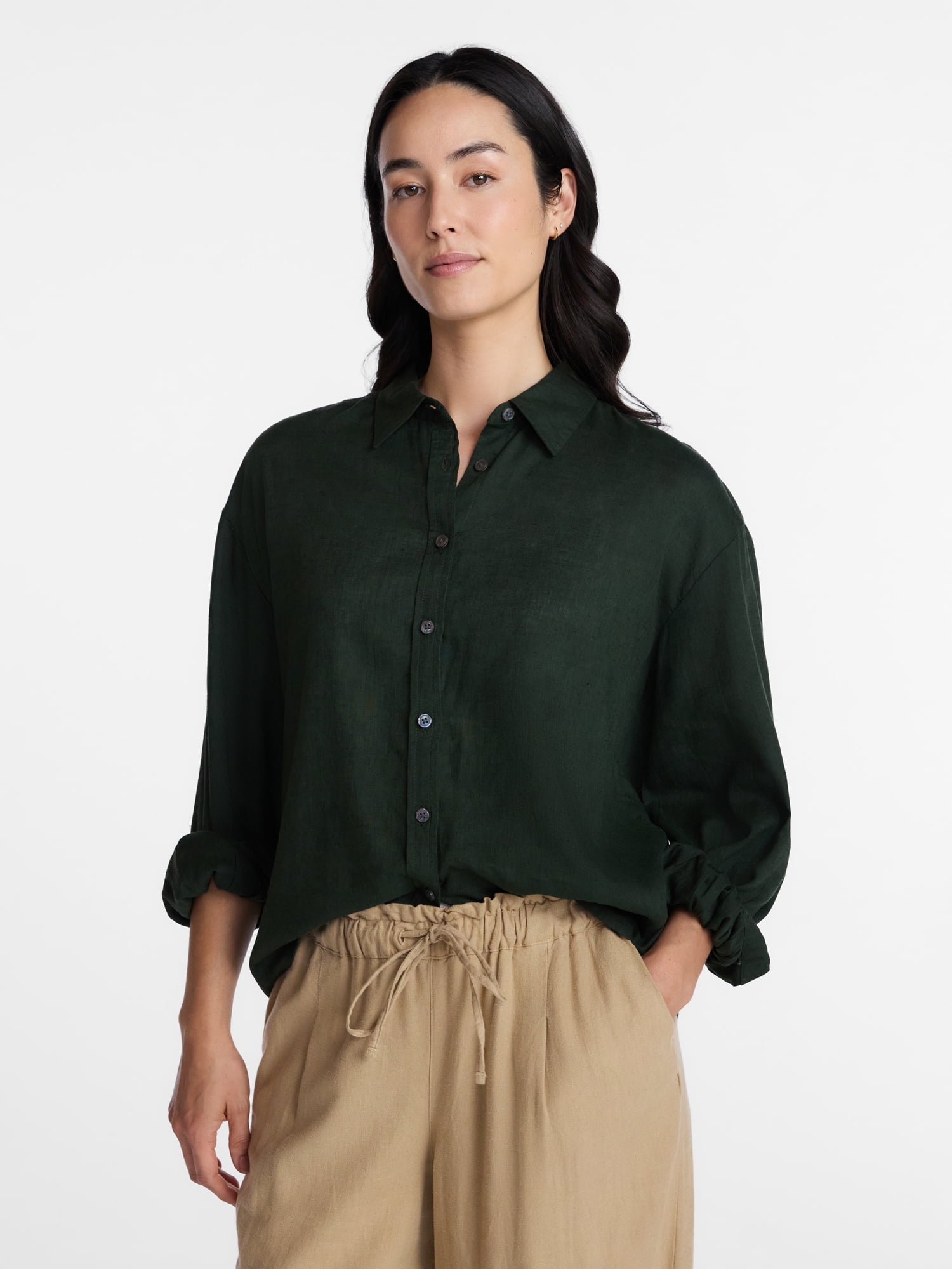 Time and Tru Women's Linen Blend Button Front Cropped Top with Long Sleeves, Sizes XS-XXXL