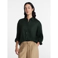 thumbnail image 1 of Time and Tru Women's Linen Blend Button Front Cropped Top with Long Sleeves, Sizes XS-XXXL, 1 of 6