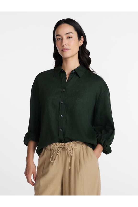 Women's Linen Blend Button Front Cropped Top with Long Sleeves, Sizes XS-XXXL