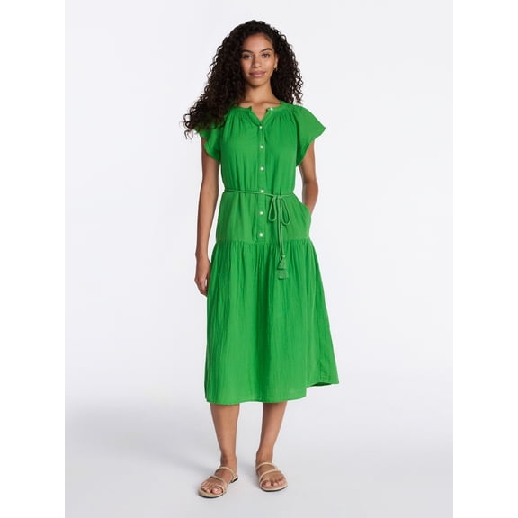 Time and Tru Women's and Women's Plus Double Cloth Midi Dress, Sizes XS-4X