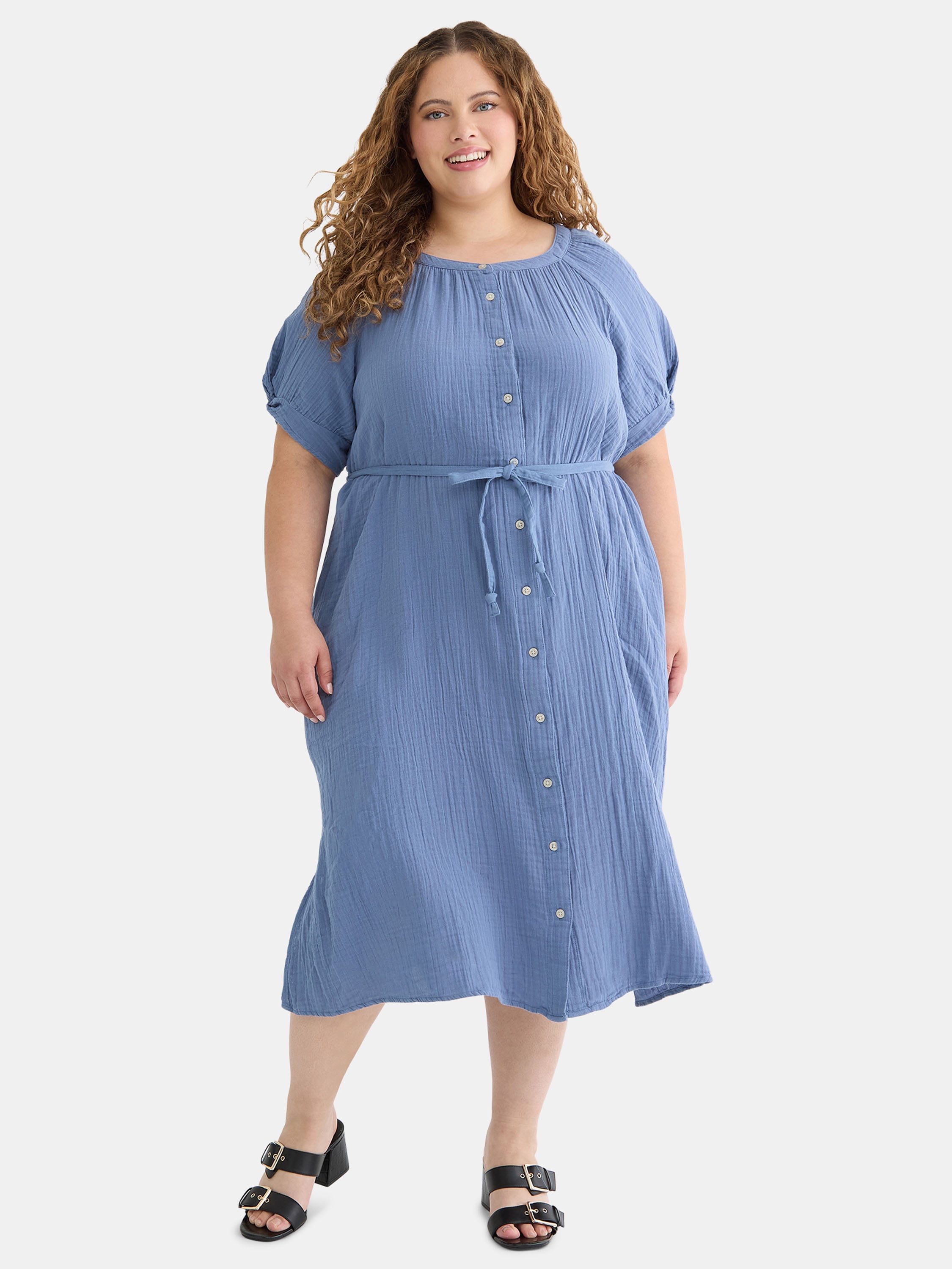 Time and Tru Women’s and Women’s Plus Cotton Double Cloth Midi Dress, Sizes XS-4X