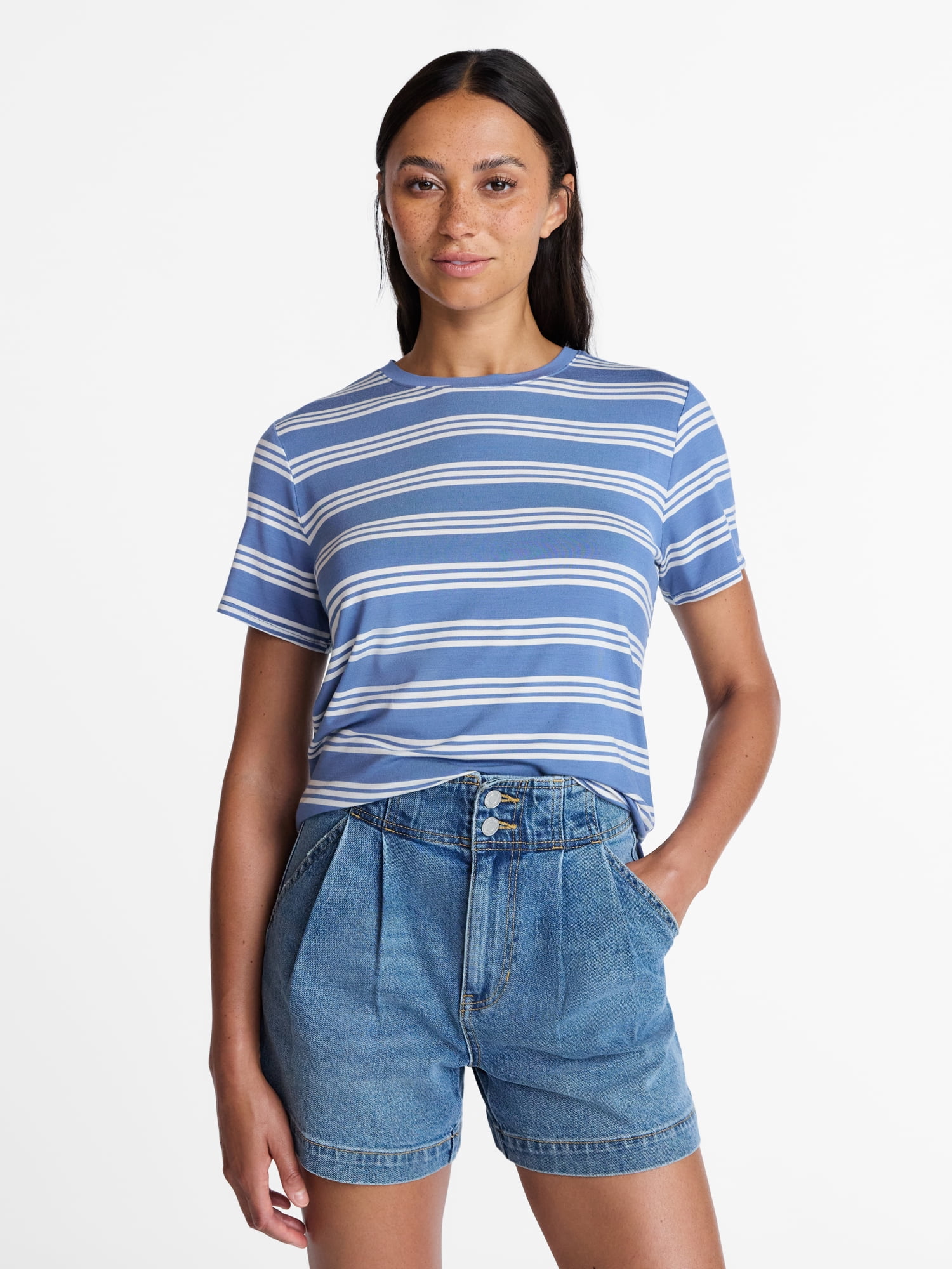 Time and Tru Women's Draped Boxy Tee with Short Sleeves, Sizes XS-XXXL