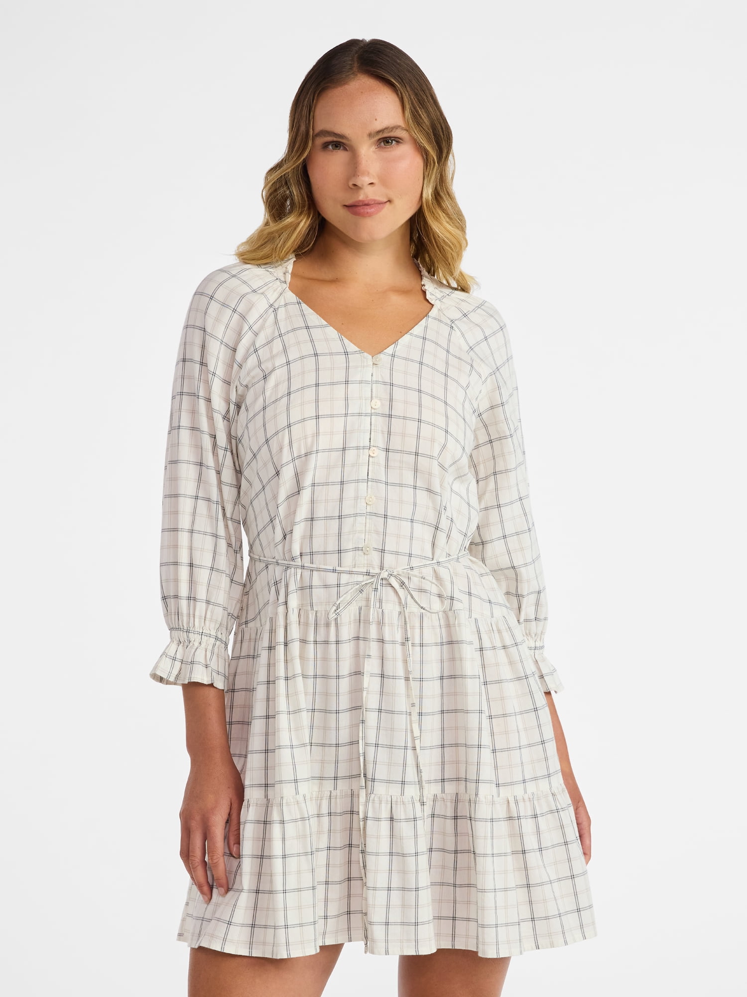 Time and Tru Women's Ruffle Neck Tiered Mini Dress, Sizes XS – XXXL