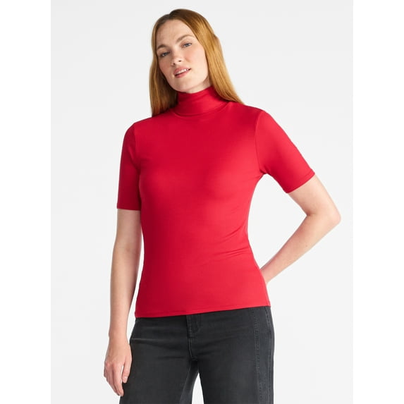 Time and Tru Women's Rib Turtleneck Top with Short Sleeves, Sizes XS-XXXL