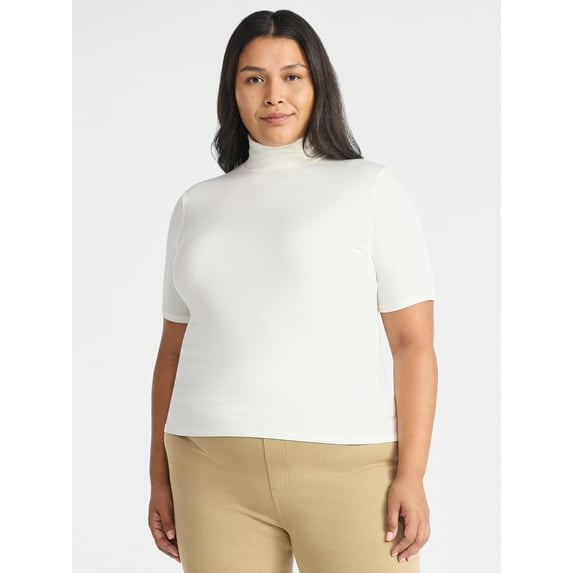 Time and Tru Women's Rib Turtleneck Top with Short Sleeves, Sizes XS-XXXL