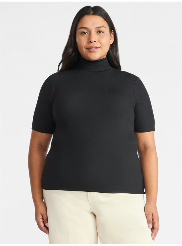 Women's Rib Turtleneck Top with Short Sleeves, Sizes XS-XXXL