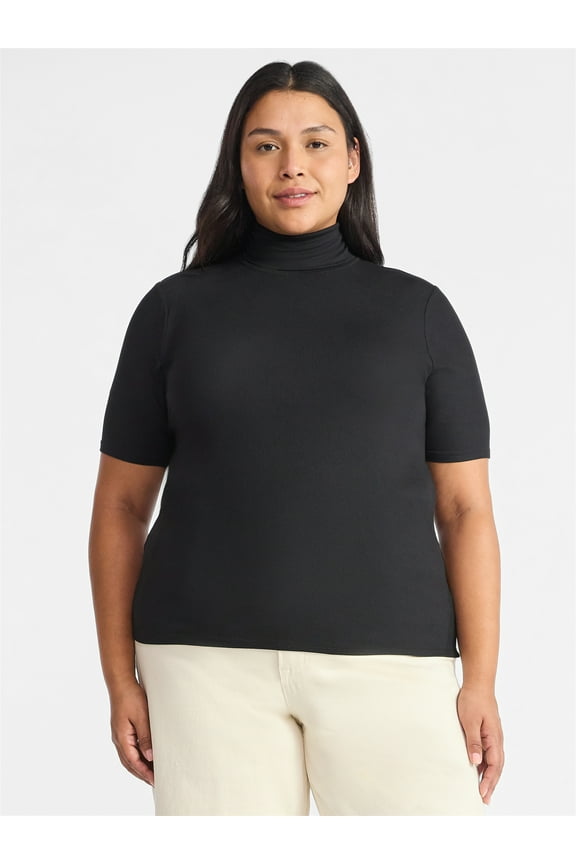 Women's Rib Turtleneck Top with Short Sleeves, Sizes XS-XXXL