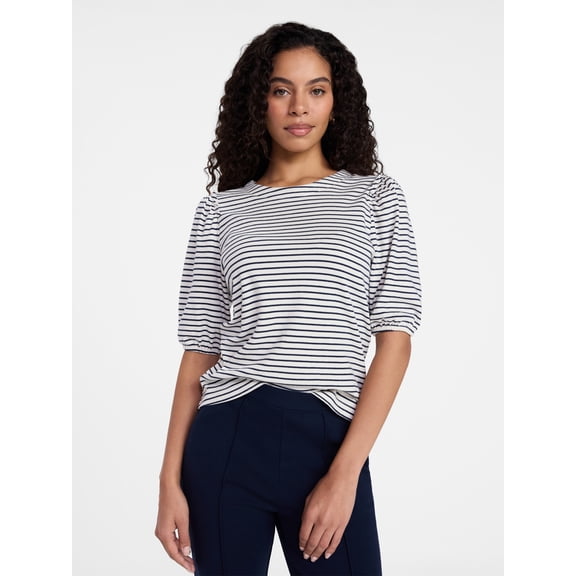 Time and Tru Women's Cotton Crewneck Tee with Puff Sleeves, Sizes XS-XXXL