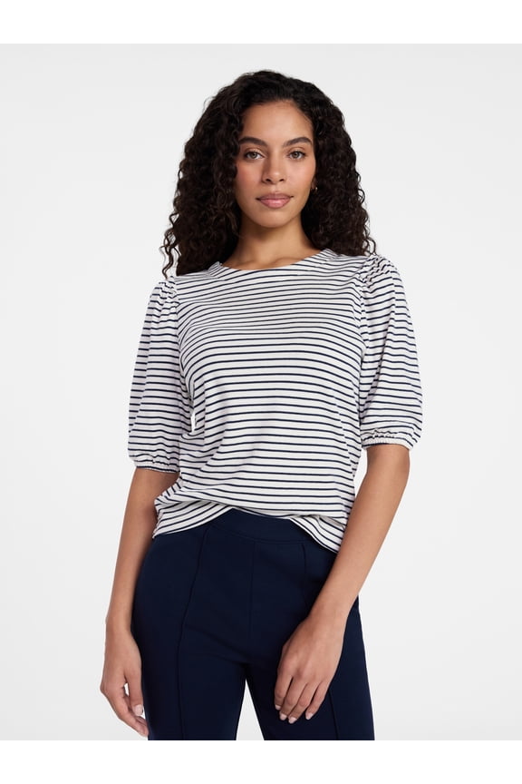 Women's Cotton Crewneck Tee with Puff Sleeves, Sizes XS-XXXL