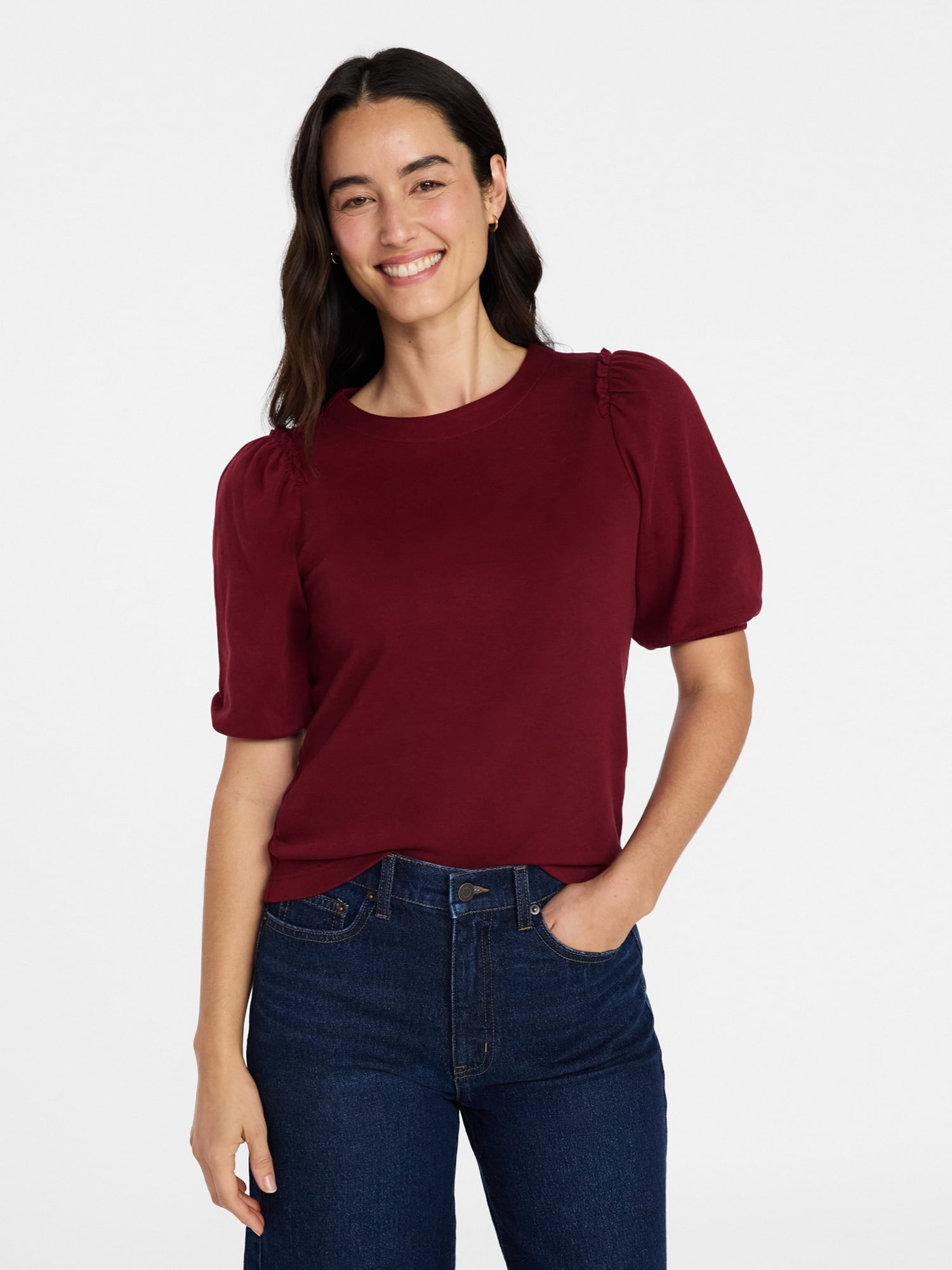 Time and Tru Women's Cotton Crewneck Tee with Puff Sleeves, Sizes XS-XXXL