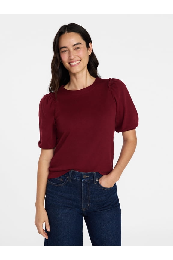 Women's Cotton Crewneck Tee with Puff Sleeves, Sizes XS-XXXL