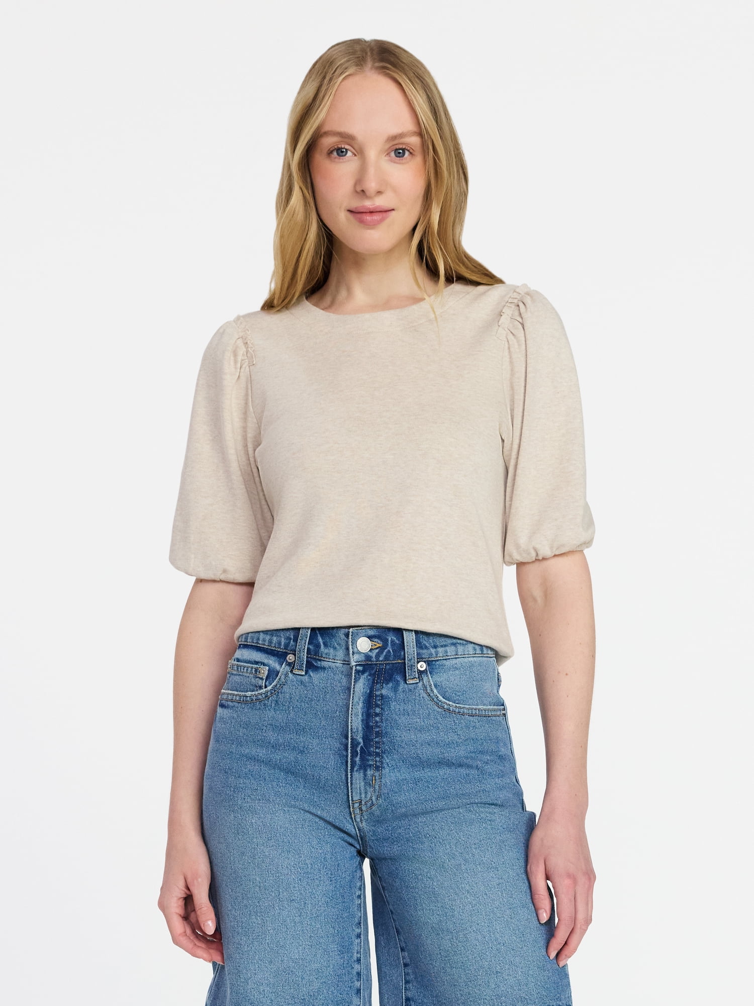 Time and Tru Women's Cotton Crewneck Tee with Puff Sleeves, Sizes XS-XXXL