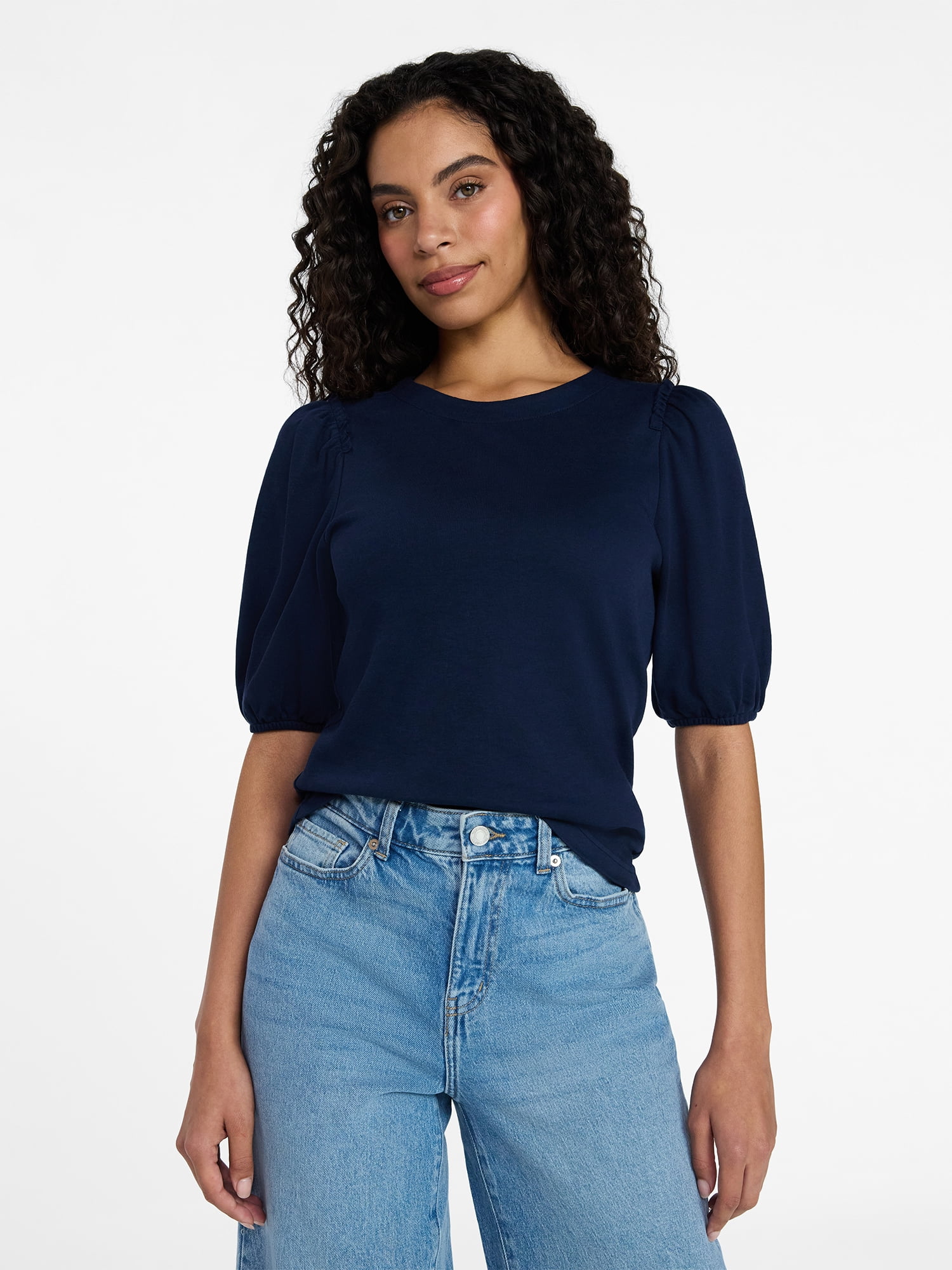 Time and Tru Women's Cotton Crewneck Tee with Puff Sleeves, Sizes XS-XXXL