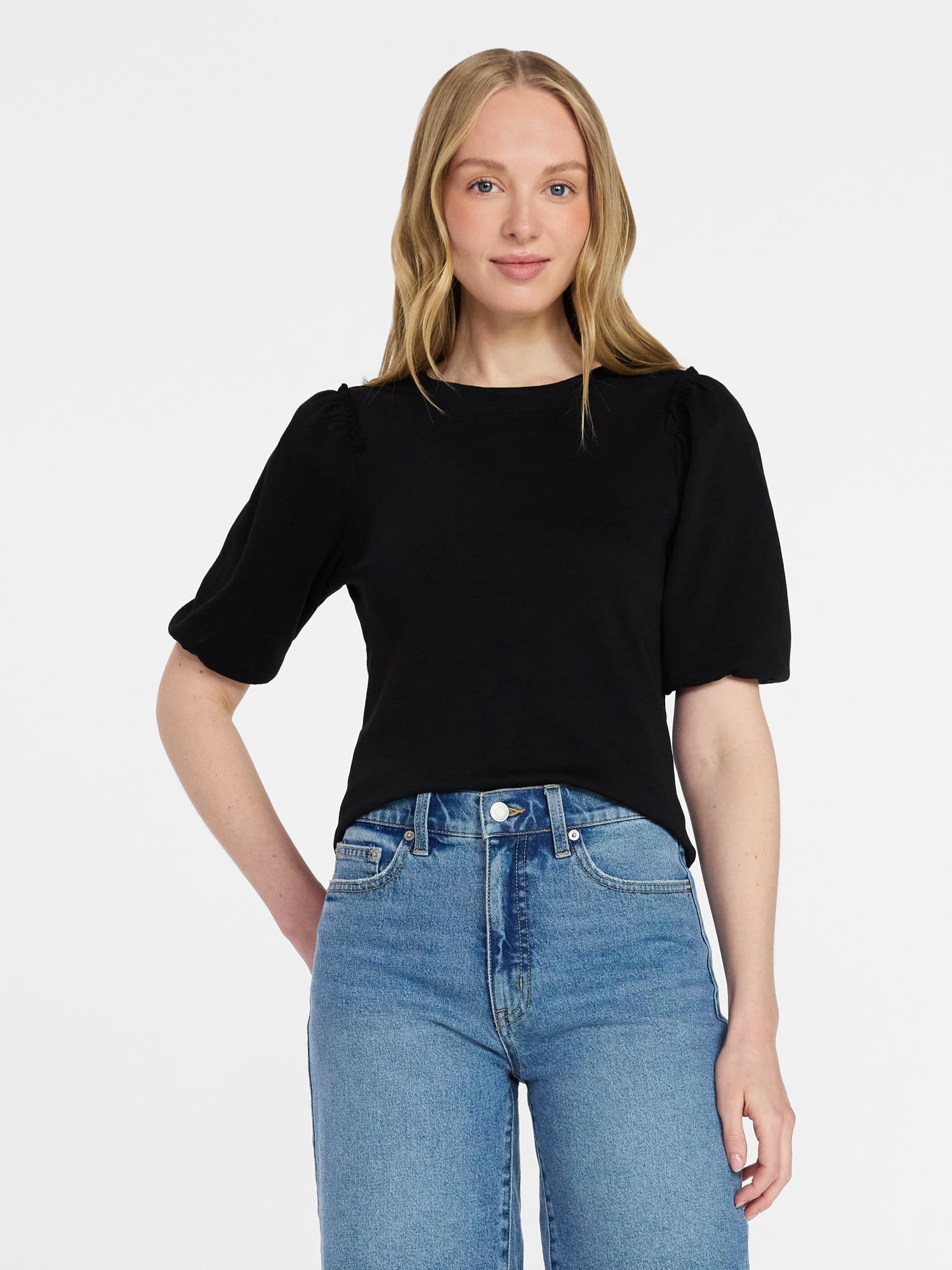 Time and Tru Women's Cotton Crewneck Tee with Puff Sleeves, Sizes XS-XXXL