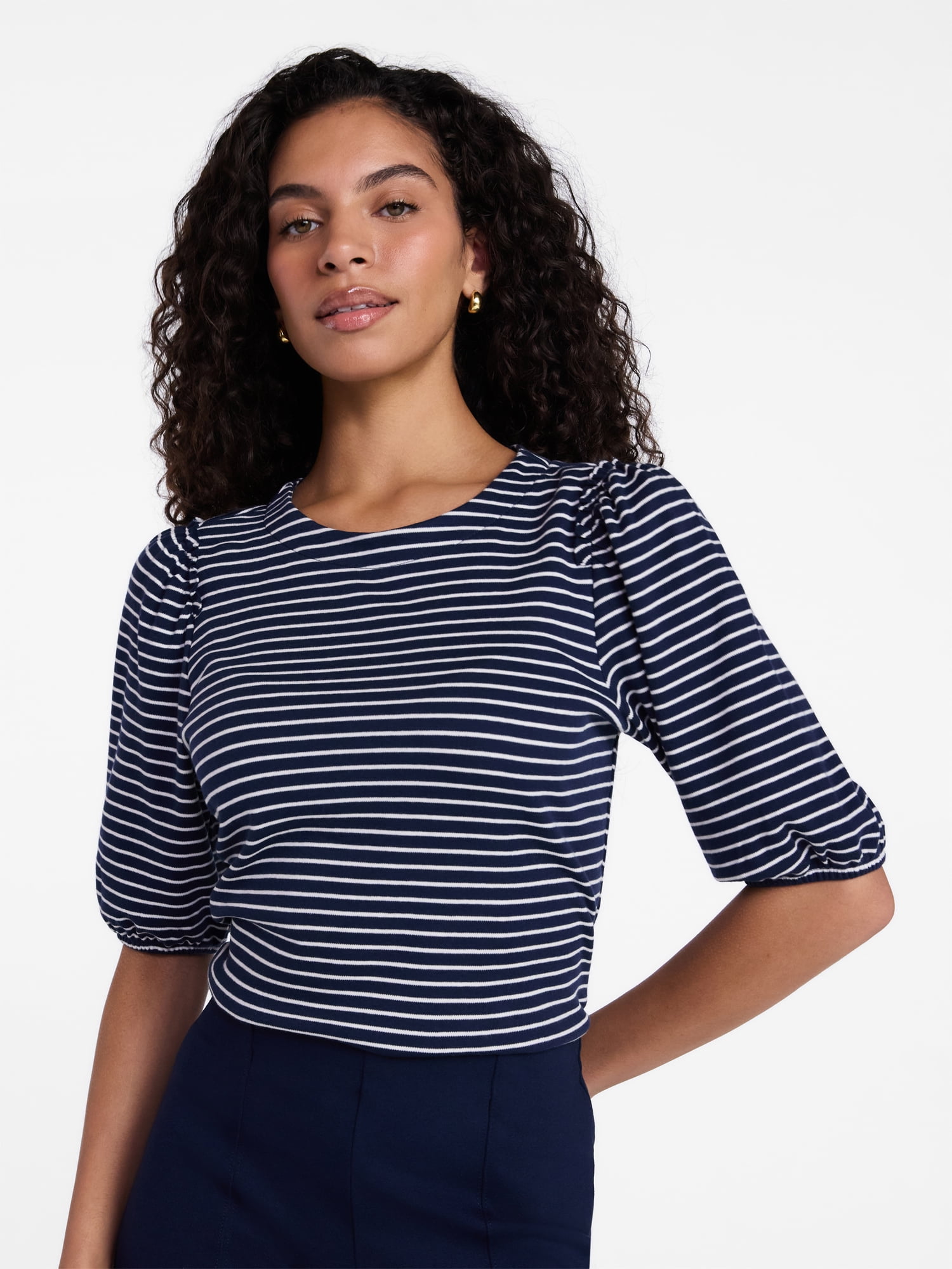 Time and Tru Women's Cotton Crewneck Tee with Puff Sleeves, Sizes XS-XXXL