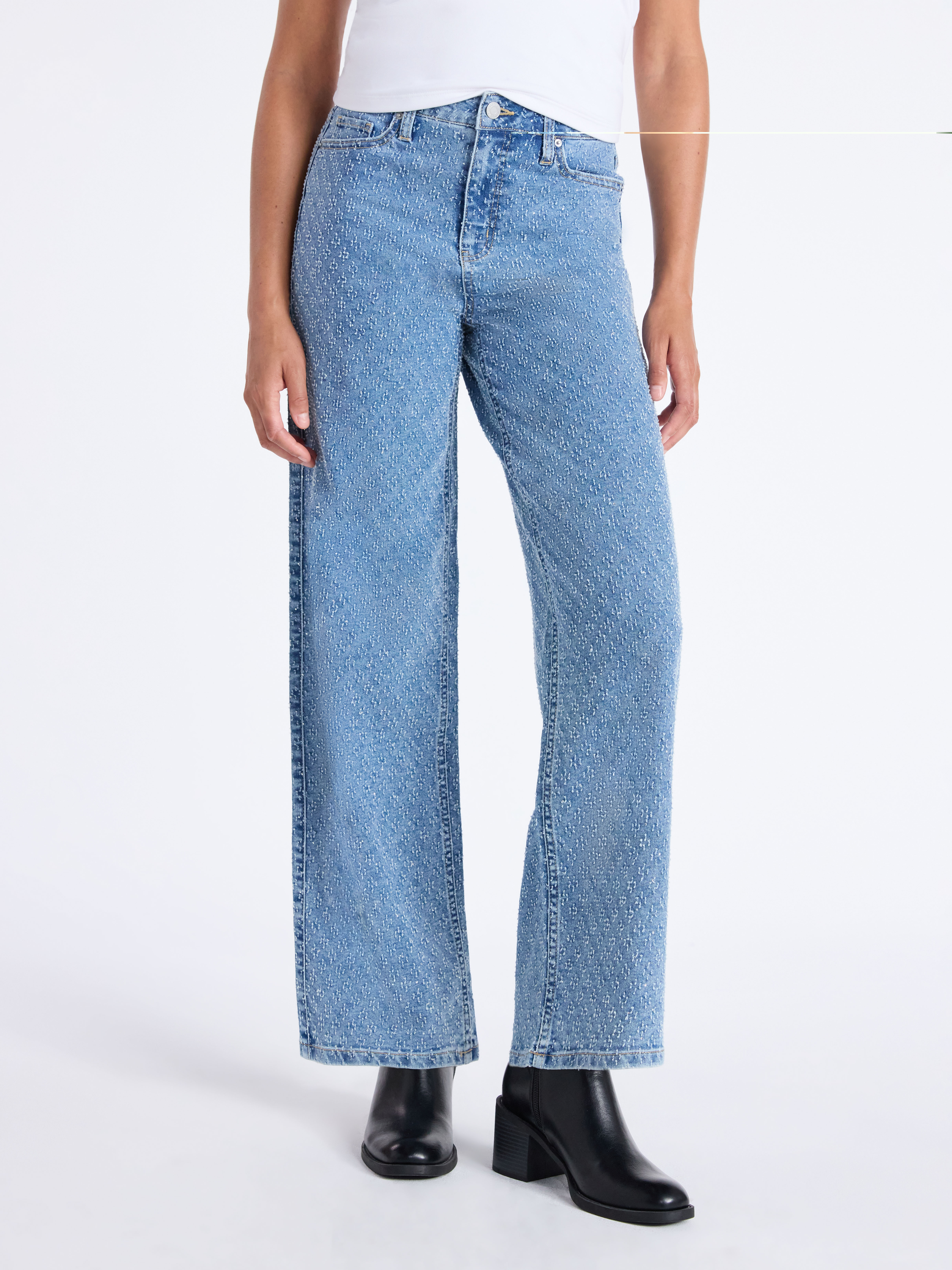 Time and Tru Women's High Rise Rhinestone Embroidered Wide Leg Jeans, Sizes 0-22