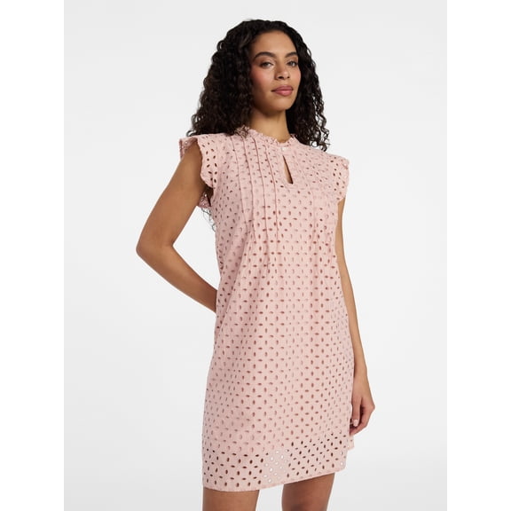 Time and Tru Women's Cotton Eyelet Mini Dress with Flutter Sleeves, Sizes XS-XXXL