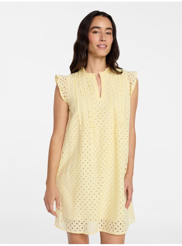 Women's Cotton Eyelet Mini Dress with Flutter Sleeves, Sizes XS-XXXL