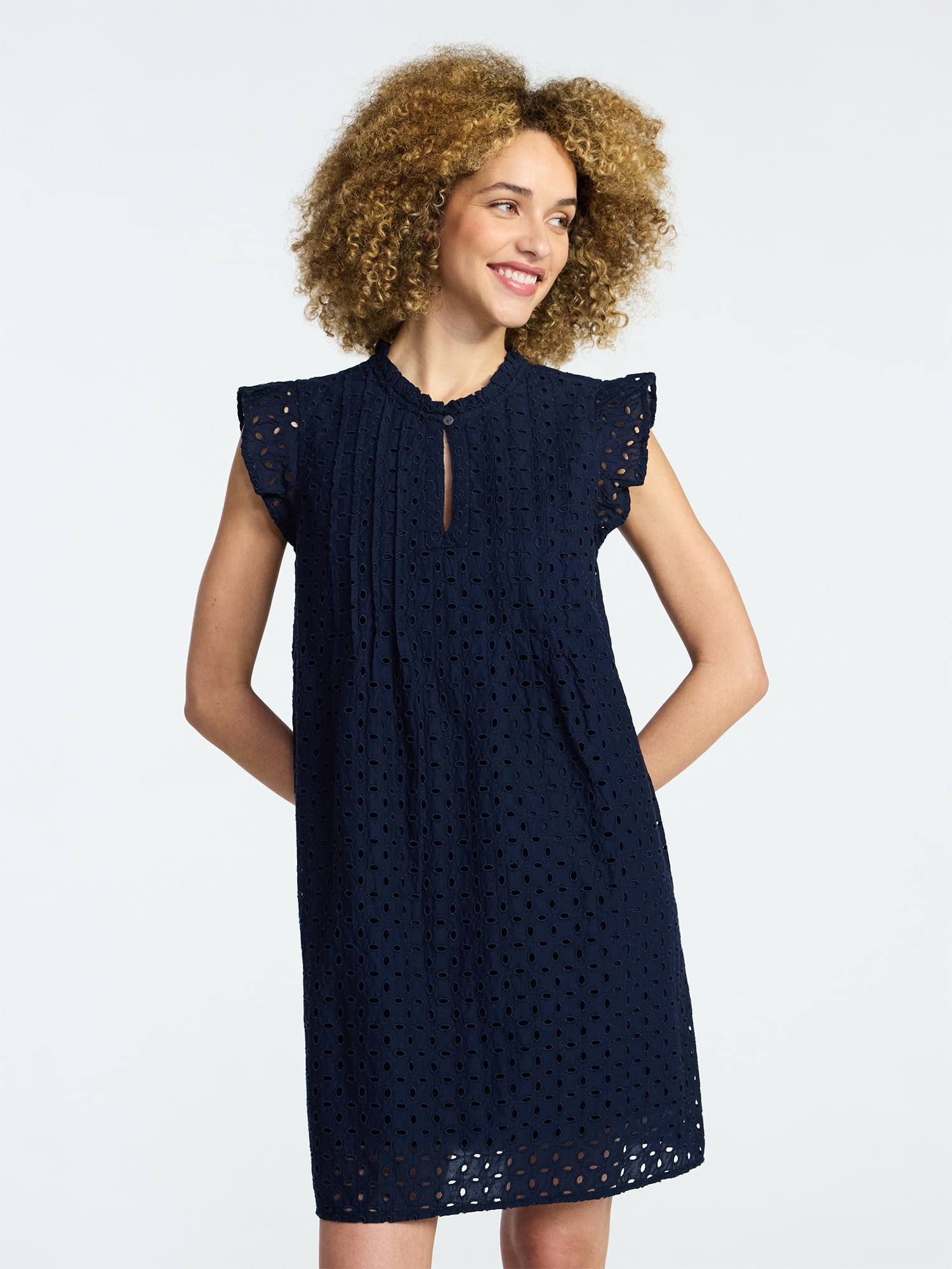 Time and Tru Women's Cotton Eyelet Mini Dress with Flutter Sleeves, Sizes XS-XXXL
