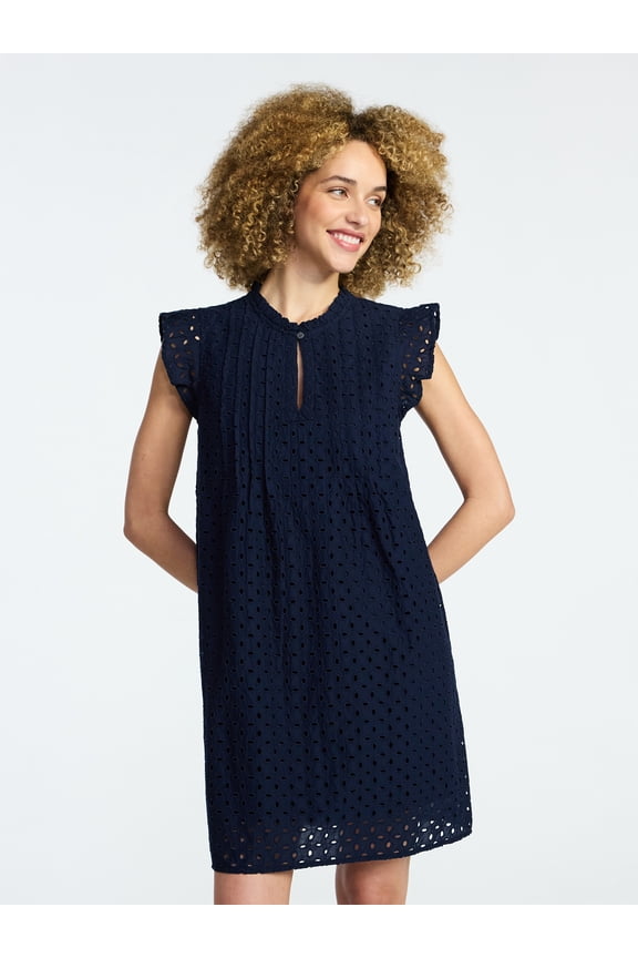 Women's Cotton Eyelet Mini Dress with Flutter Sleeves, Sizes XS-XXXL