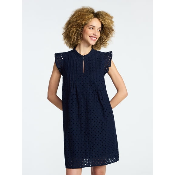Time and Tru Women's Cotton Eyelet Mini Dress with Flutter Sleeves, Sizes XS-XXXL