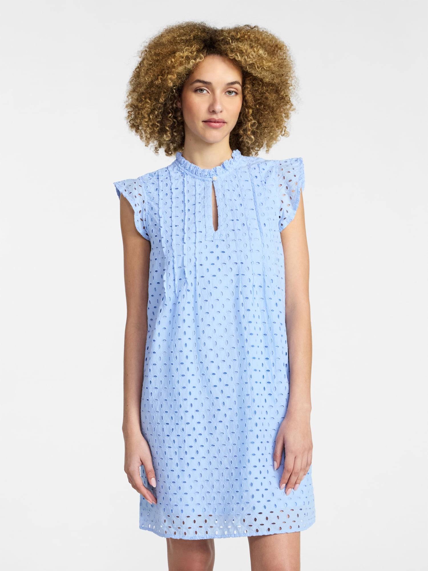 Time and Tru Women's Cotton Eyelet Mini Dress with Flutter Sleeves, Sizes XS-XXXL