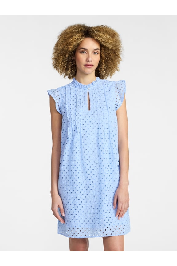 Women's Cotton Eyelet Mini Dress with Flutter Sleeves, Sizes XS-XXXL