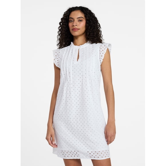 Time and Tru Women's Cotton Eyelet Mini Dress with Flutter Sleeves, Sizes XS-XXXL