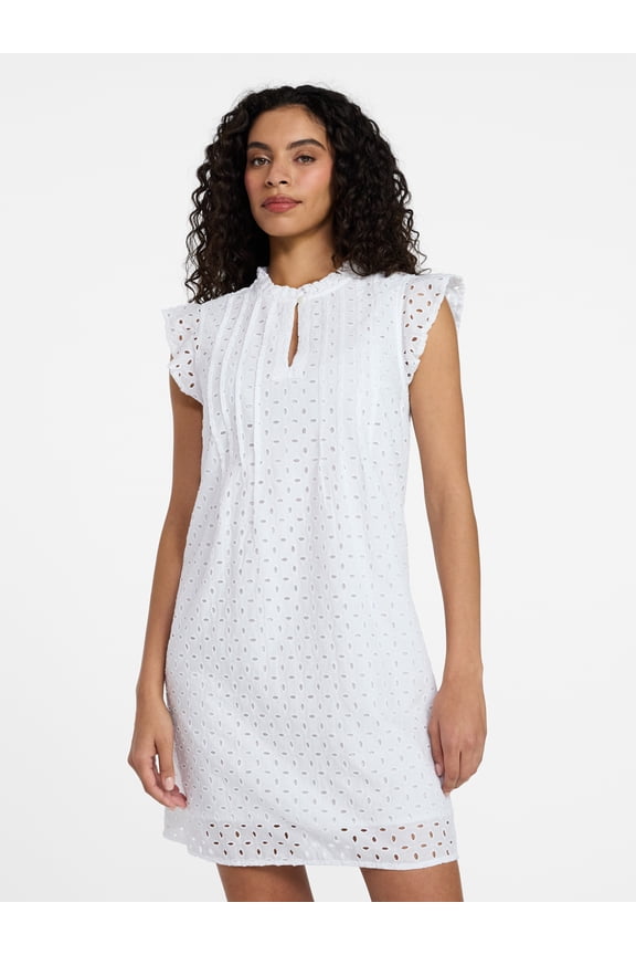 Women's Cotton Eyelet Mini Dress with Flutter Sleeves, Sizes XS-XXXL