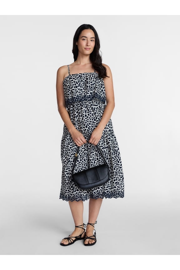 Women's and Women's Plus Sleeveless Cotton Midi Dress with Eyelet Trim, Sizes XS-4X