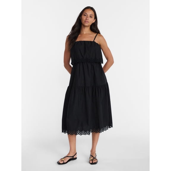 Time and Tru Women's Sleeveless Cotton Midi Dress with Eyelet Trim, Sizes XS-4X