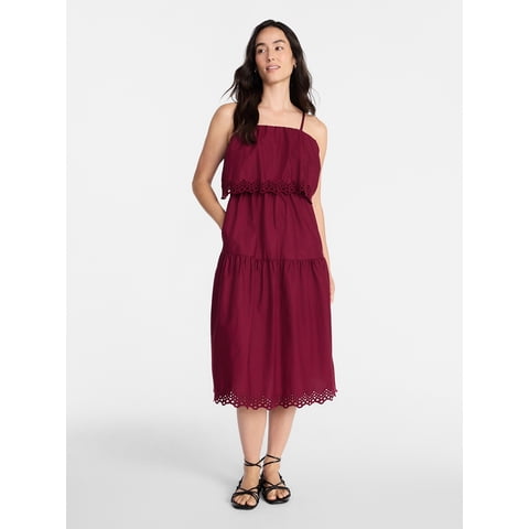 Women's Sleeveless Cotton Midi Dress with Eyelet Trim, Sizes XS-4X