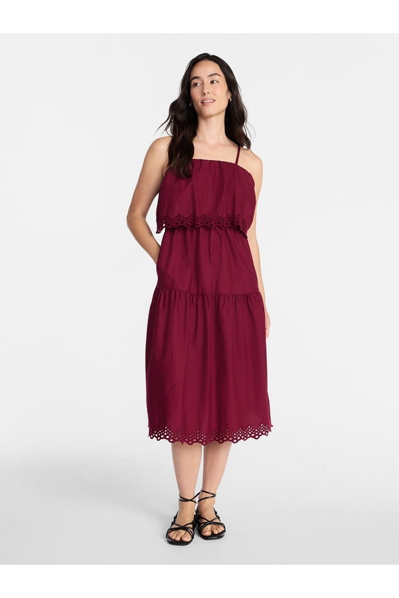Women's and Women's Plus Sleeveless Cotton Midi Dress with Eyelet Trim, Sizes XS-4X