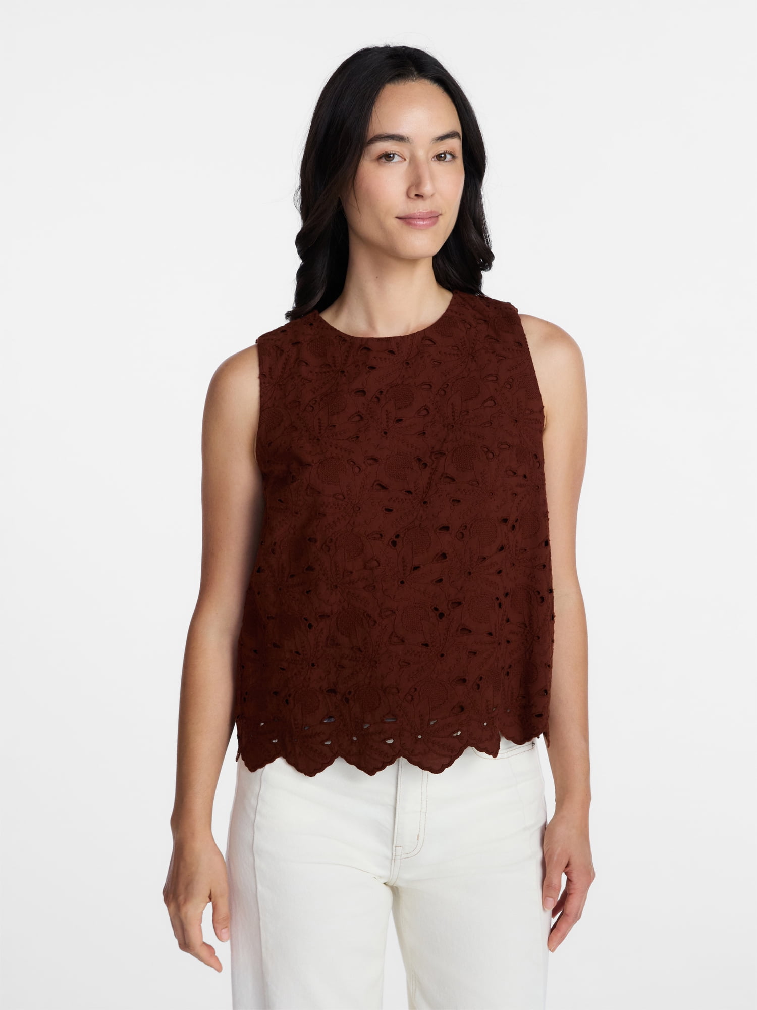 Time and Tru Women’s and Women’s Plus Eyelet Embroidered Top, Sizes XS-4X