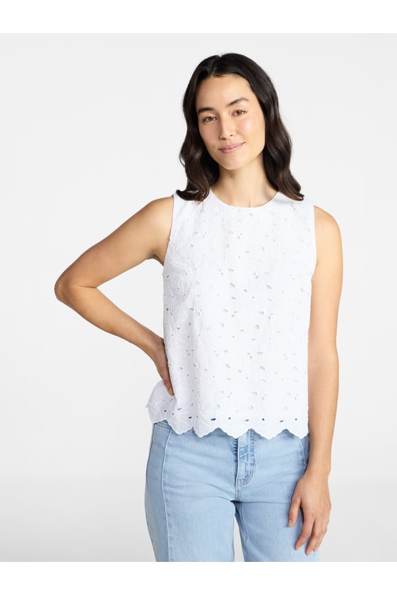 Women's and Women's Plus Sleeveless Cotton Eyelet Top, Sizes XS-4X