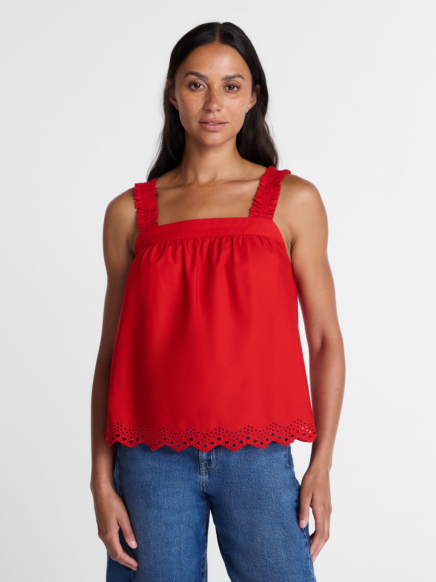 Time and Tru Women’s Eyelet Trim Cotton Tank Top, Sizes XS-XXXL