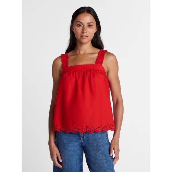 Time and Tru Women’s Eyelet Trim Cotton Tank Top, Sizes XS-XXXL