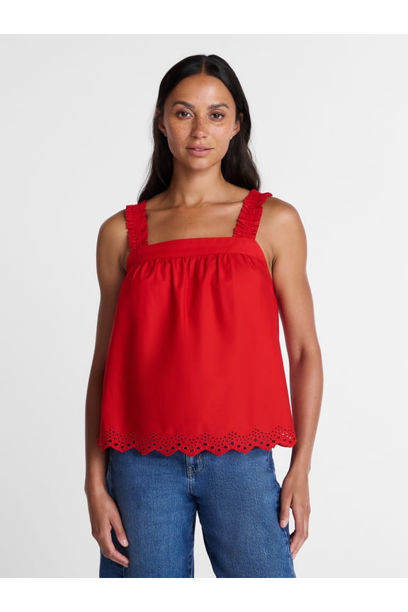 Women’s Eyelet Trim Cotton Tank Top, Sizes XS-XXXL