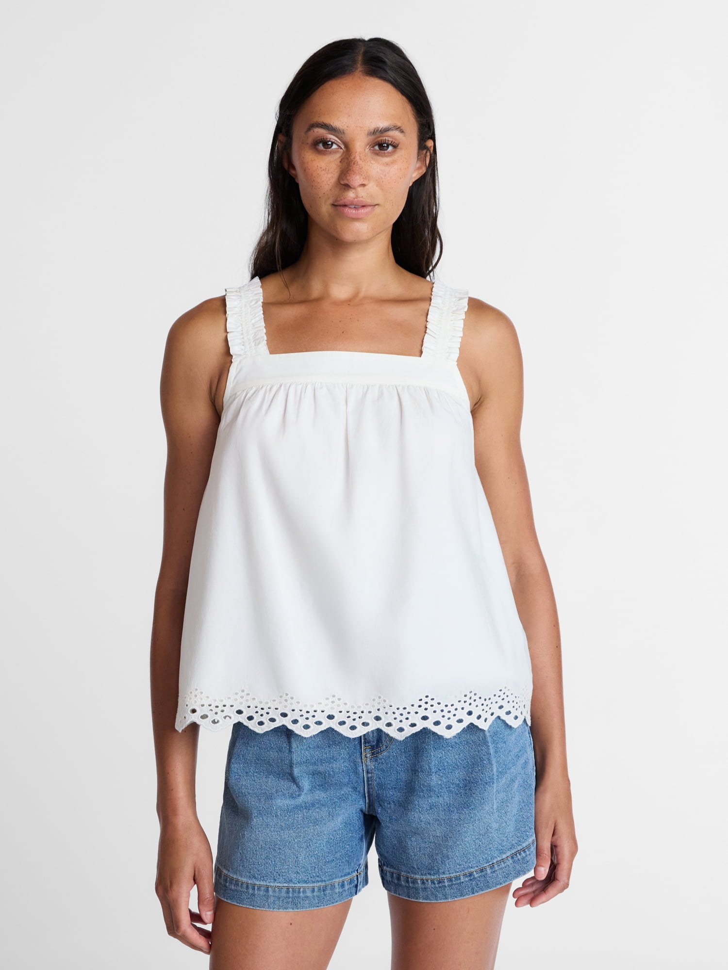 Time and Tru Women's Eyelet Trim Cotton Tank Top, Sizes XS-XXXL