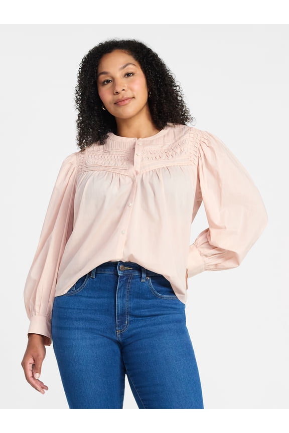 Women's Textured Yoke Cotton Blouse with Long Puff Sleeves, Sizes XS-XXXL