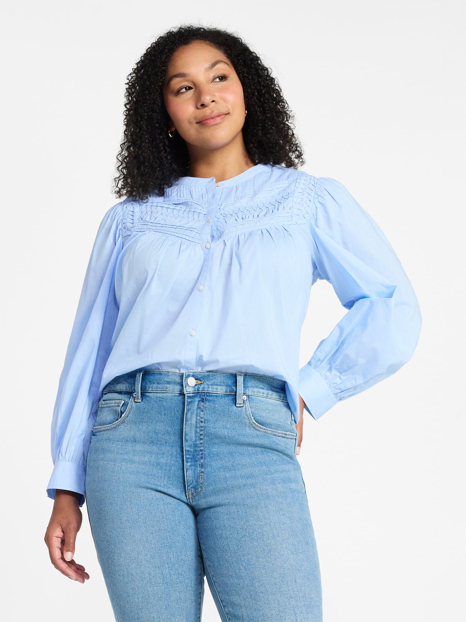 Time and Tru Women's Textured Yoke Cotton Blouse with Long Puff Sleeves, Sizes XS-XXXL