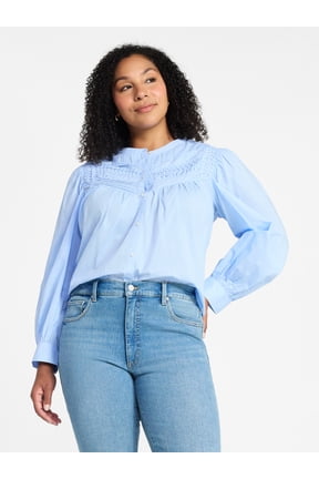 Women's Textured Yoke Cotton Blouse with Long Puff Sleeves, Sizes XS-XXXL