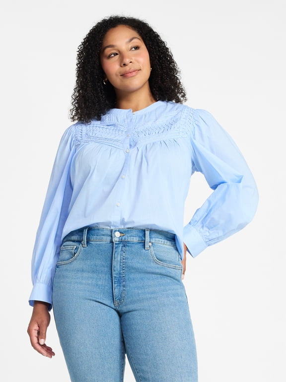 Women's Textured Yoke Cotton Blouse with Long Puff Sleeves, Sizes XS-XXXL
