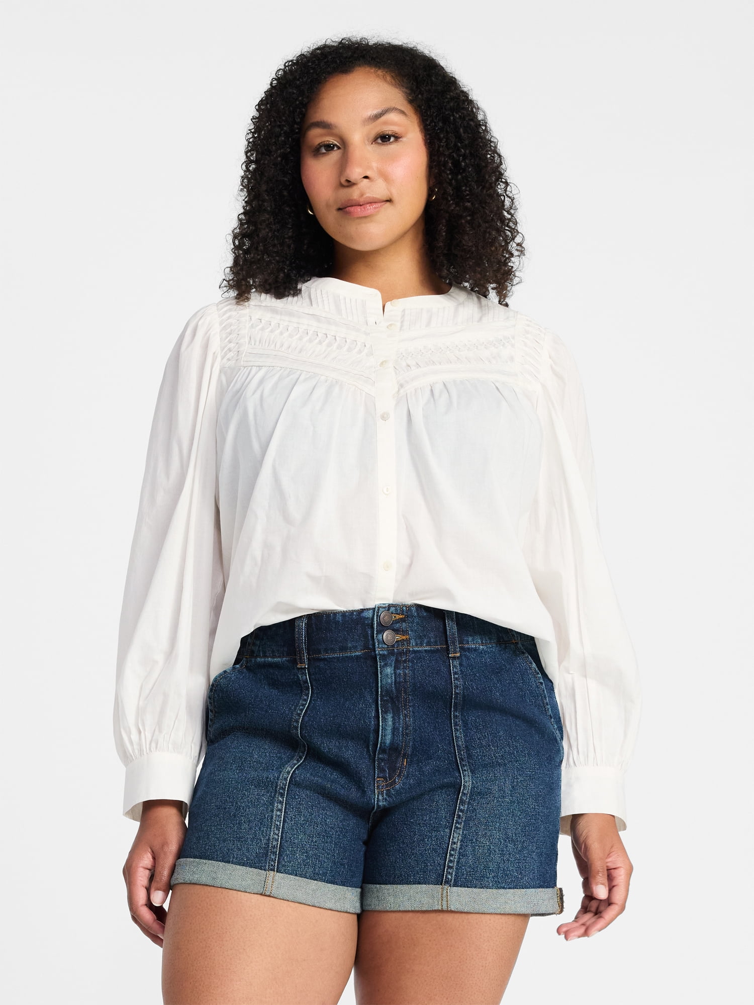Time and Tru Women's Textured Yoke Cotton Blouse with Long Puff Sleeves, Sizes XS-XXXL