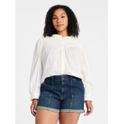 Women's Textured Yoke Cotton Blouse with Long Puff Sleeves, Sizes XS-XXXL