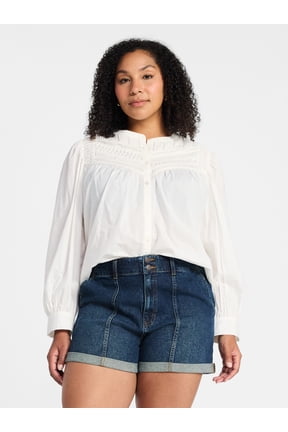 Women's Textured Yoke Cotton Blouse with Long Puff Sleeves, Sizes XS-XXXL